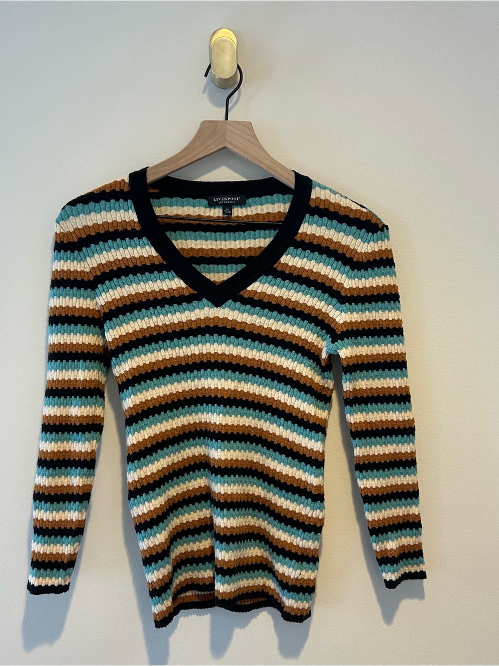 Liverpool Striped V-Neck Sweater in Black, Cream, Teal, Brown Stretch Fitted